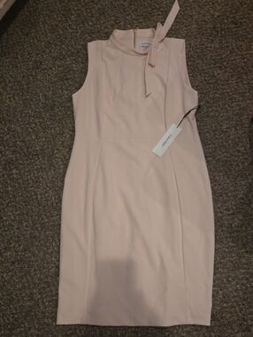 Calvin Klein Light Blush Pink Tie-Neck Midi Sheath Dress